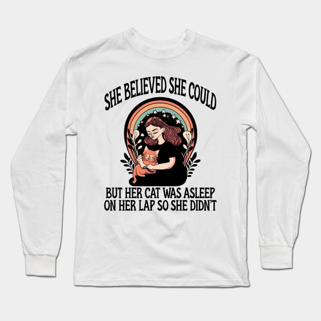 she believed she could but her cat was asleep on her lap so she didnt shirt, Hand Drawn black cat Celestial Long Sleeve T-Shirt by ILOVEY2K